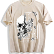 With Gothic Skull & Rose Vintage Washed T-Shirt in Beige