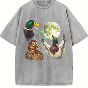 Mallard Duck Moon Retro Wildlife Bird Vintage Washed T-Shirt in Gray