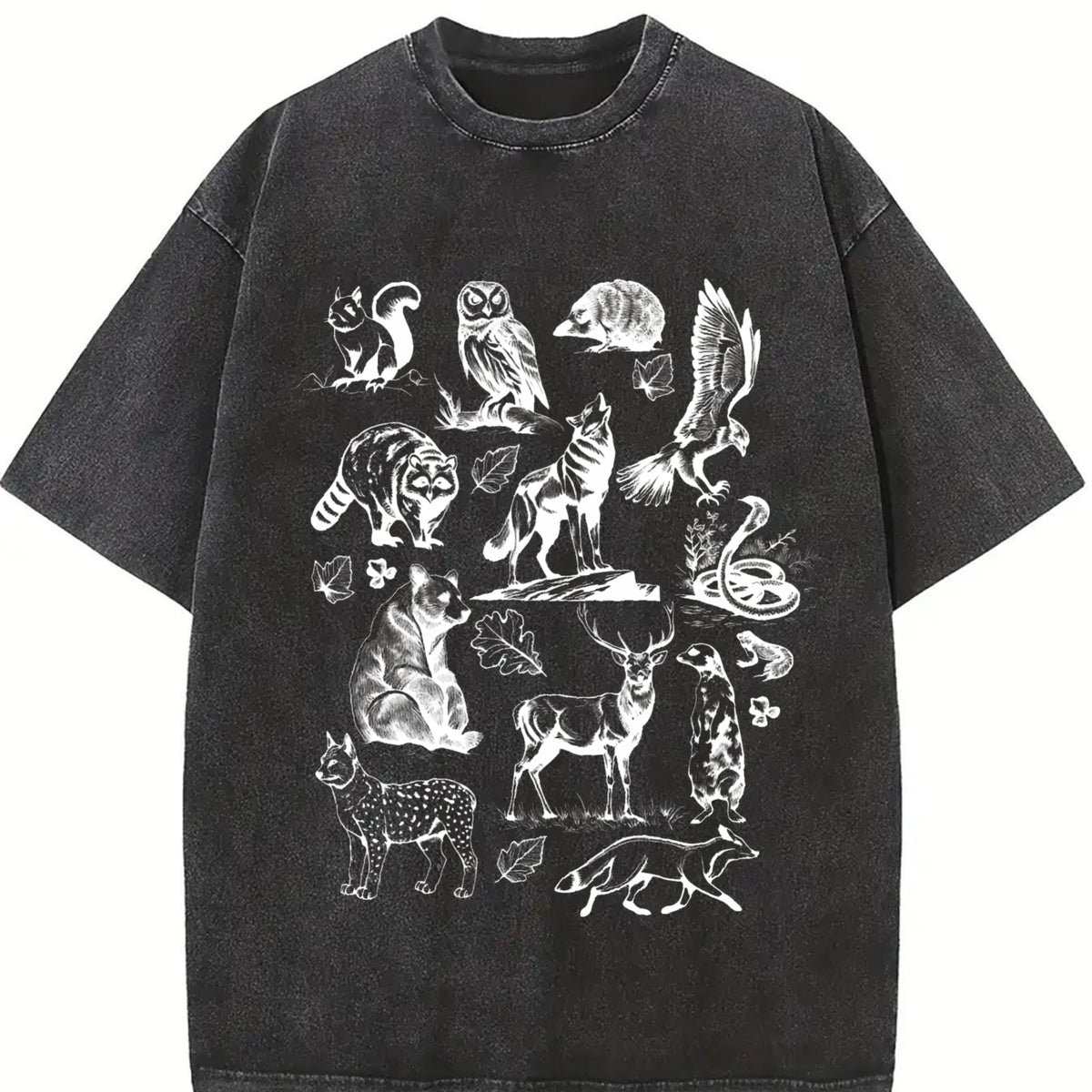 Forest Animals 90s Vintage Washed T-Shirt in Black