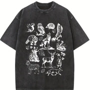 Forest Animals 90s Vintage Washed T-Shirt in Black