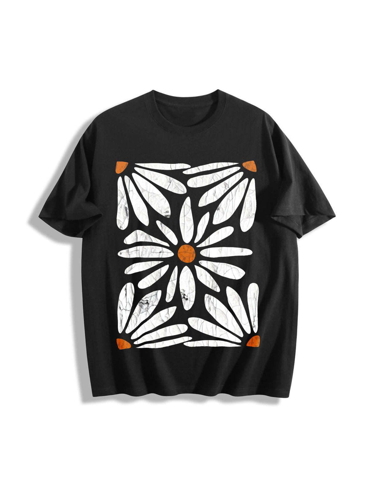 Boho Daisy Botanical Knit Cotton T-Shirt in Black