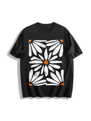Boho Daisy Botanical Knit Cotton T-Shirt in Black