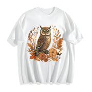 Autumn Leaf Flower Owl One-piece Cotton T-Shirt in White
