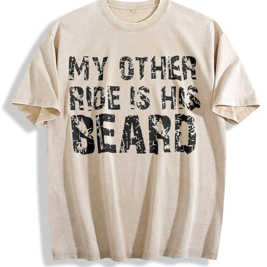 MY OTHER RIDE IS HIS BEARD LETTERS Ladies Outfit vintage washed oversized T-shirt in Beige