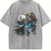 T Rex Moon Retro Dinosaur Prehistoric Vintage Washed T-Shirt in Gray