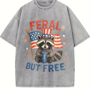 Retro Feral but Free Raccoon 4th of July 90s Vintage Washed T-Shirt in Gray