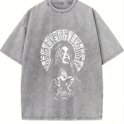 Praying Nun Tattoo Art Inspired Glory Threads Faith & vintage washed oversized T-shirt in Gray