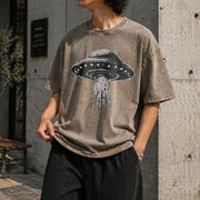 Retro UFO 90s Sci-fi Alien Vintage Washed T-Shirt in Brown