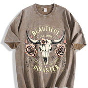 Western Cowboy - Black with Bull Skull & Floral vintage washed oversized T-shirt in Brown