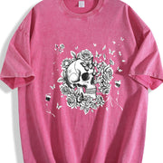 Floral Skull Vintage Washed T-Shirt in Red