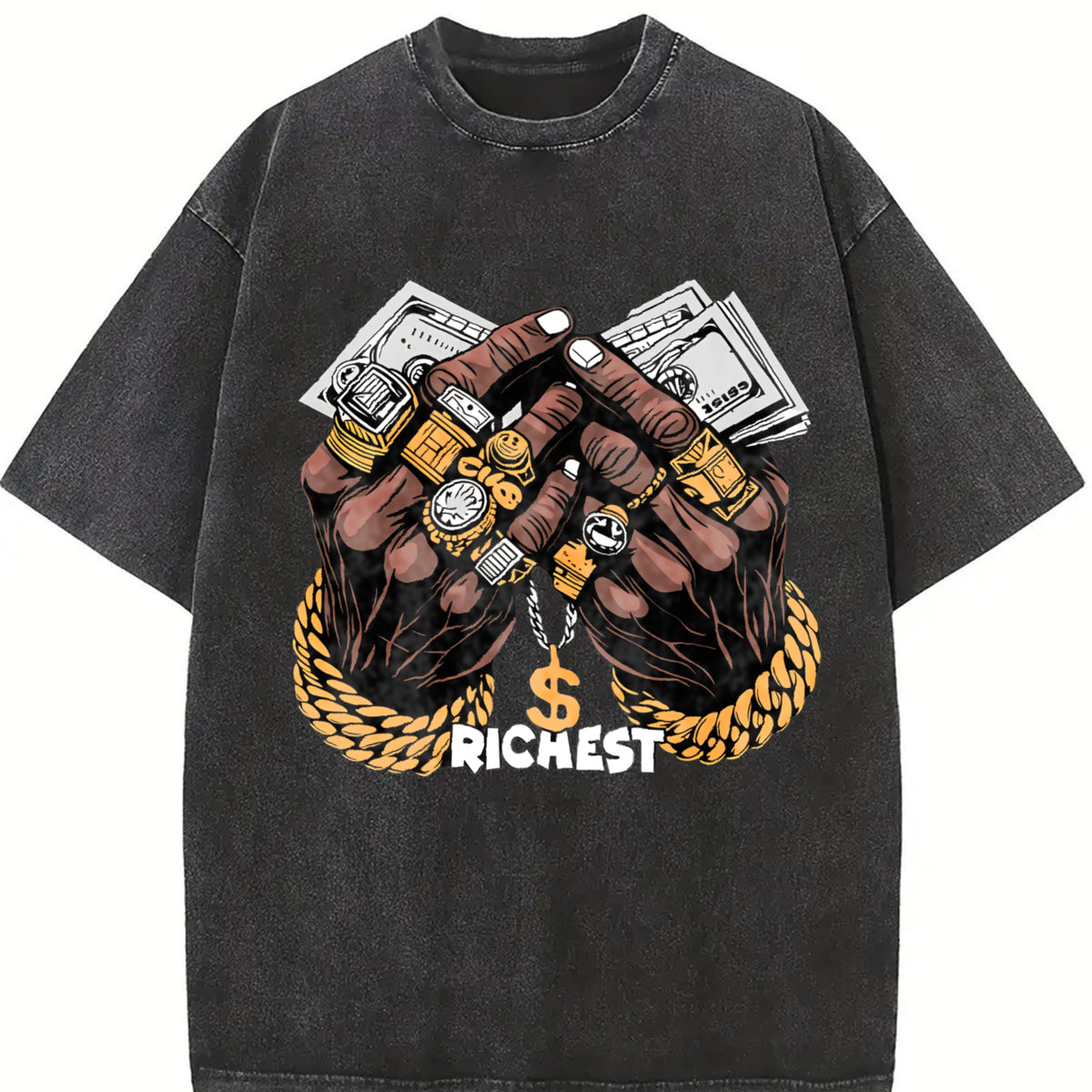 Hip Hop Finance Wealth Symbol Vintage Washed T-Shirt in Black