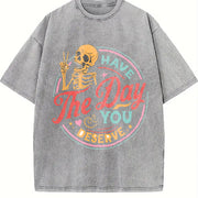 Skeleton Peace Sign Have the Day You Deserve Boxy Vintage Washed T-Shirt in Gray