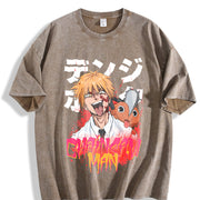 Aki Metal Chainsaw Man Vintage2 O-neck Denji Makima Aki vintage washed oversized T-shirt in Brown