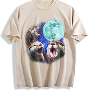 Three Otters Retro Otter Moon Vintage Washed T-Shirt in Beige