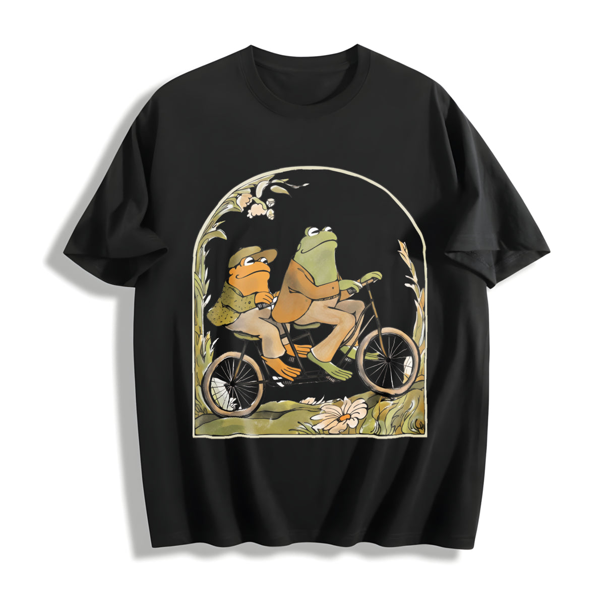 Frog and Toad on Bike Lovers Cotton T-Shirt in Black
