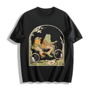 Frog and Toad on Bike Lovers Cotton T-Shirt in Black