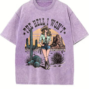 Retro Cowgirl the Hell I Won't Western 90s Vintage Washed T-Shirt in Purple