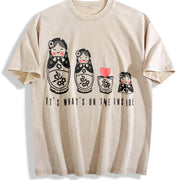 Retro Russian Nesting Wooden Dolls 90s Vintage Washed T-Shirt in Beige