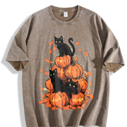 Halloween Holiday Costume Pumpkin Tower with Cat One-piece Vintage Washed T-Shirt in Brown