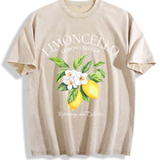 Letter Fruit Limoncello Lemon Commute Versatile Retro Vintage Washed T-Shirt in Beige