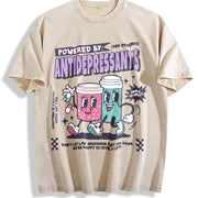 Retro Powered by Antidepressants Vintage Washed T-Shirt in Beige