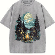 Retro Bigfoot and Alien 90s Vintage Washed T-Shirt in Gray