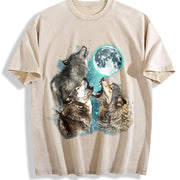 Retro Howling Wolves Vintage Washed T-Shirt in Beige