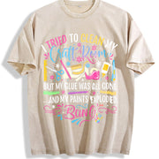 Craft Chaos Queen Glue & Paint Explosion Slogan Vintage Washed T-Shirt in Beige