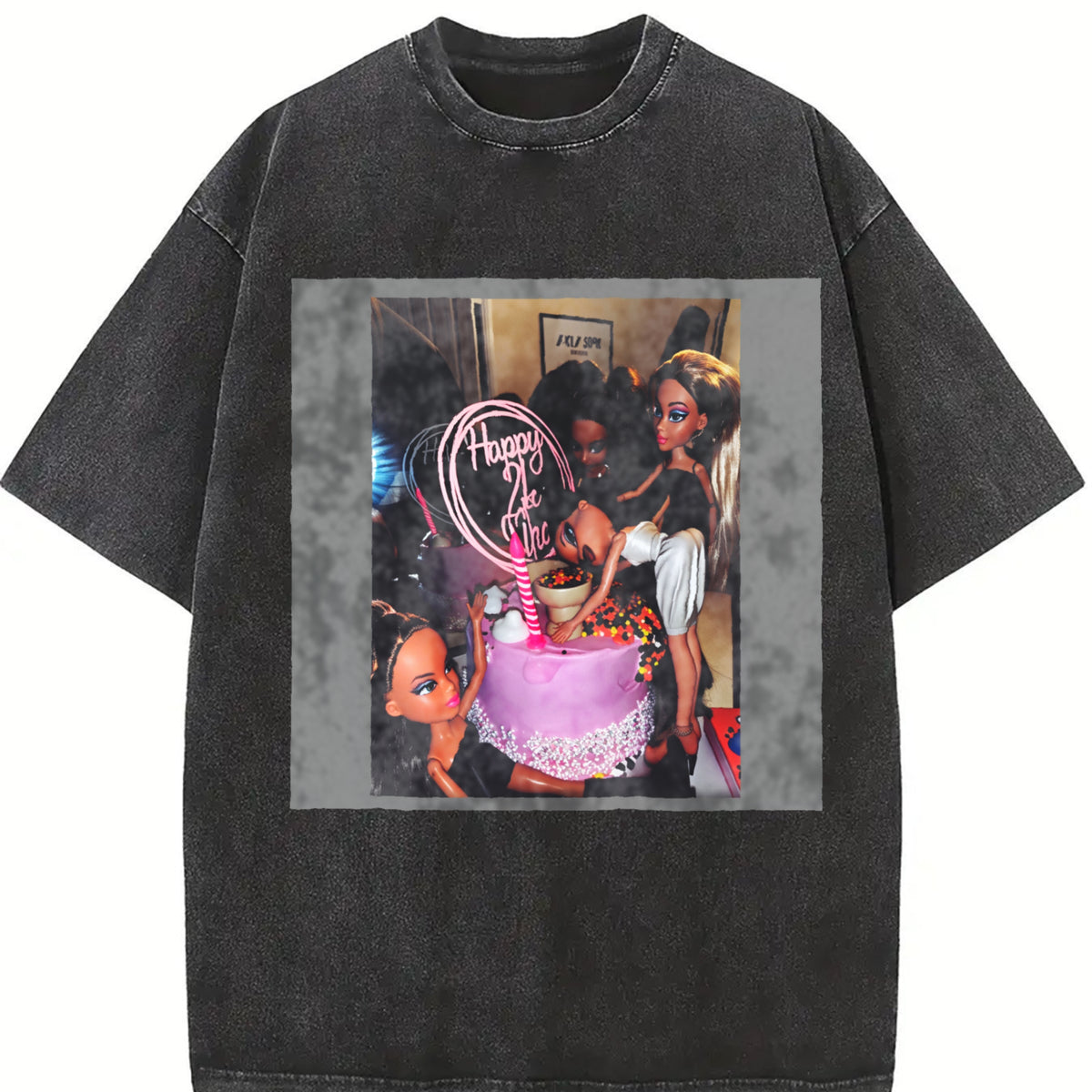Happy New Year Party Doll Vintage Washed T-Shirt in Black
