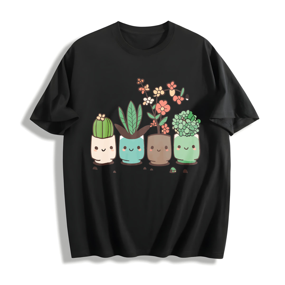 Cute Cartoon Potted Plant Cotton T-Shirt in Black