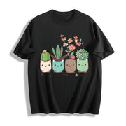 Cute Cartoon Potted Plant Cotton T-Shirt in Black