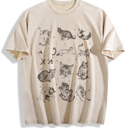 Cats Retro 90s Tattoo Vintage Washed T-Shirt in Beige