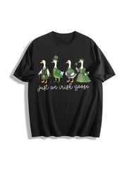 Goose St Patrick's Day Silly Irish Goose Four Leaf Clover Cotton T-Shirt in Black