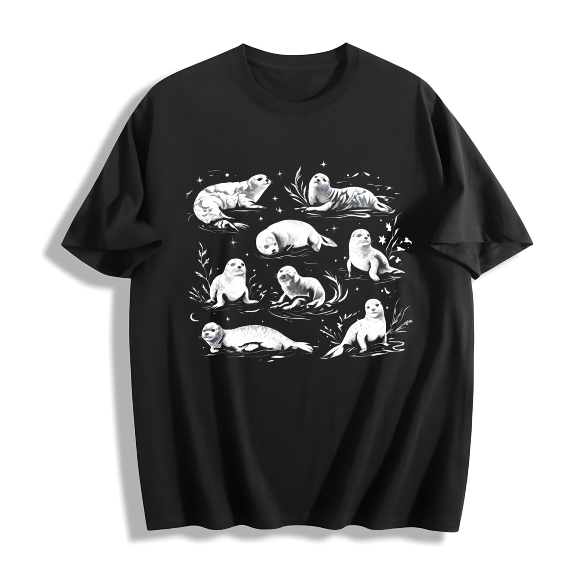 Coastal 90s Seals Ocean Animal Cotton T-Shirt in Black