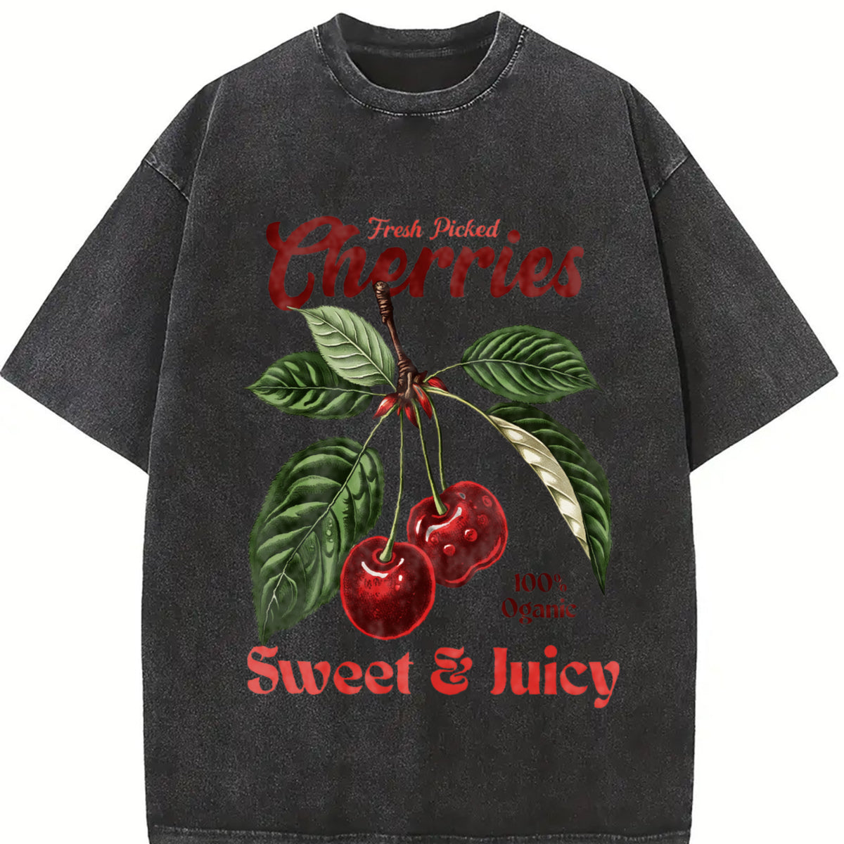 Retro Cherries Commercial Vintage Washed T-Shirt in Black