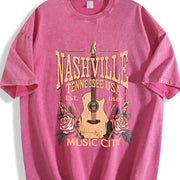 Music City Floral Guitar Vintage Washed T-Shirt in Red