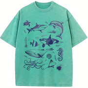 Sea Creatures 90s Tattoo Sea Animal Vintage Washed T-Shirt in Blue
