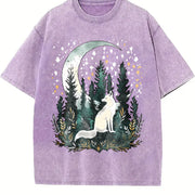 Bohemian Night Fox & Pine Forest Vintage Washed T-Shirt in Purple
