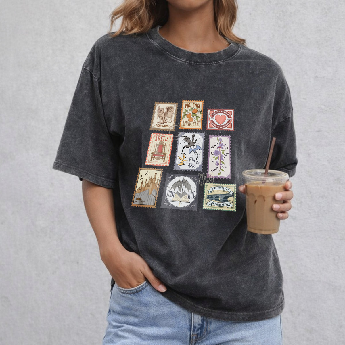 Fourth Wing Books Stamp vintage washed oversized T-shirt in Black