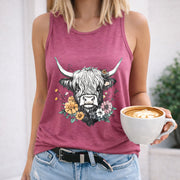 Highland Cow Floral Women's Color Cotton Tank Top in Red