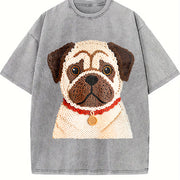 Winter a Pug Round-neck Long-sleeve Vintage Washed T-Shirt in Gray