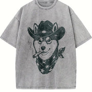 Smoking Cowboy Shiba Inu Retro Vintage Washed T-Shirt in Gray