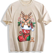 Christmas Reindeer and Candy Cane Vintage Washed T-Shirt in Beige