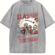 Horror Characters Christmas Vintage Washed T-Shirt in Gray