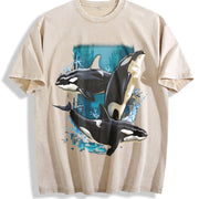 Orca Whale Retro Ocean Lover Vintage Washed T-Shirt in Beige