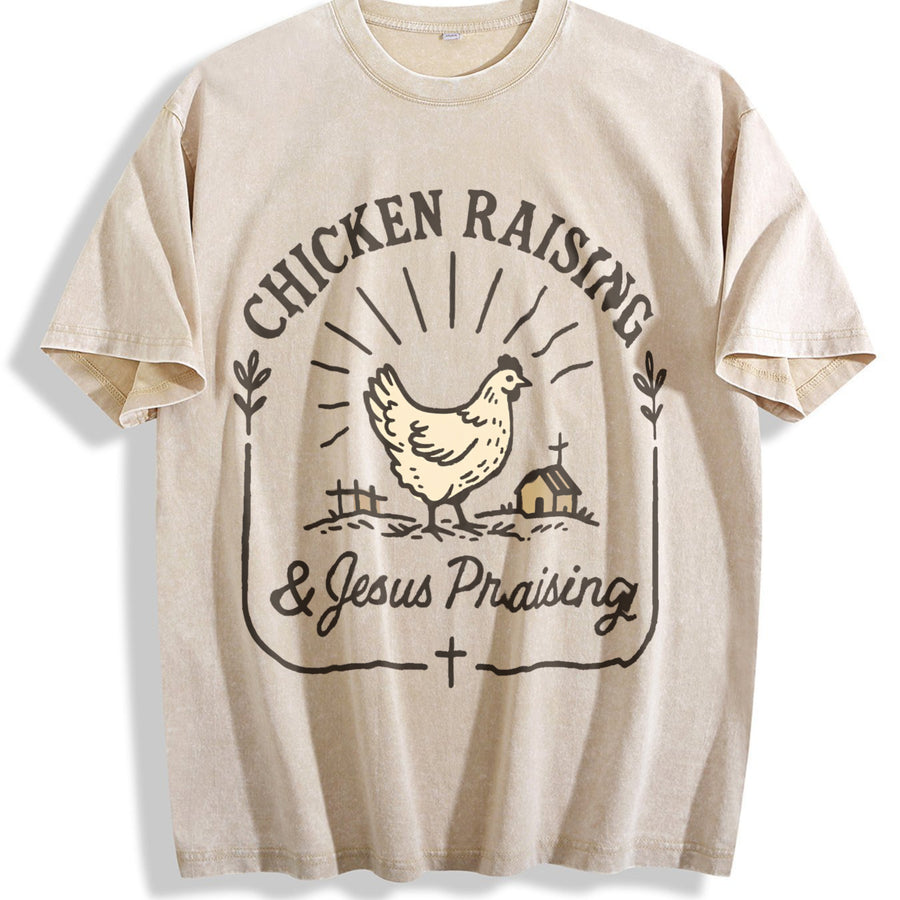 Chicken Raising & Jesus Praising Farm Life vintage washed oversized T-shirt in Beige
