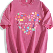 Celebrate Minds of All Kinds Floral Heart Vintage Washed T-Shirt in Red