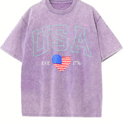 Embroidered USA Flag Vintage Washed T-Shirt in Purple