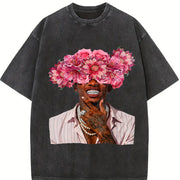 Floral Head Portrait Tank Vintage Washed T-Shirt in Black