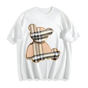 Cartoon Bear & Plaid Cotton T-Shirt in White